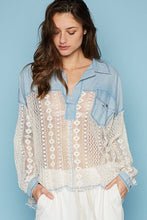 Denim Collared contrast ribbed panel lace crochet chest pocket POL top