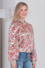 Taupe Long sleeve padded velvet bomber jacket