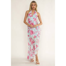 Ice Blue Halter Floral Maxi Dress
