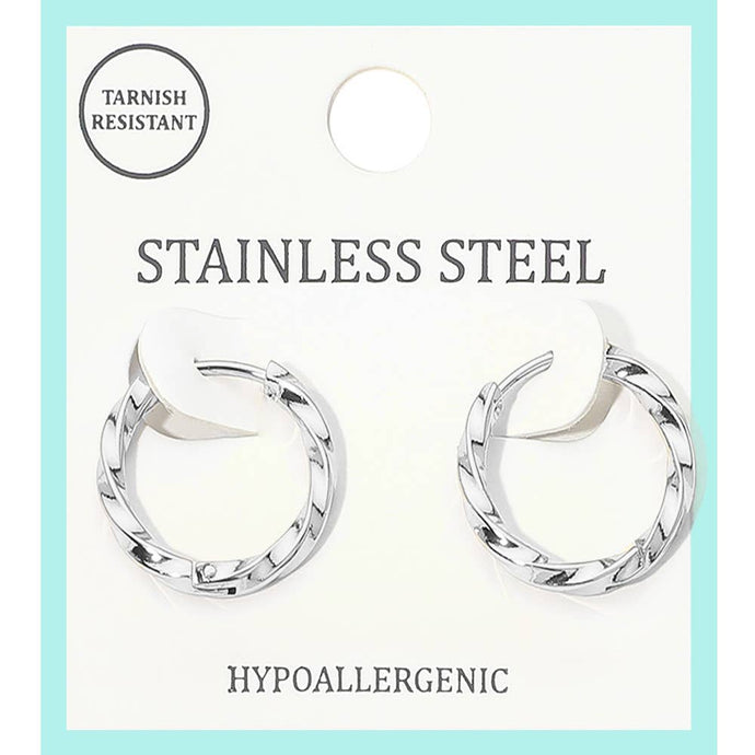Silver Stainless Steel Twisted Small Huggie Hoop Earrings