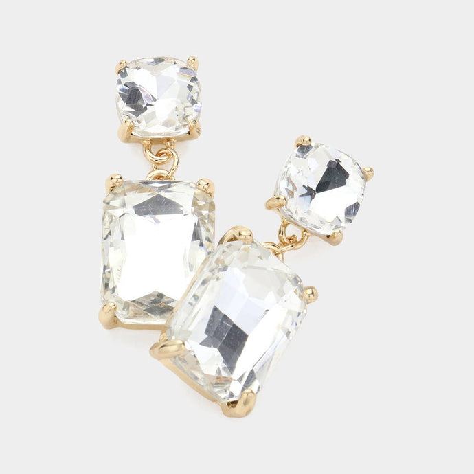 Clear Square Rectangle Glass Stone Link Dangle Evening Earrings
