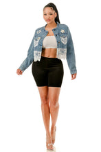 Blue Lace & Pearl Embellished Cropped Denim Jacket