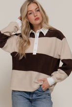 Cream Brown Long Sleeve Rugby Stripe Fleece Polo Top