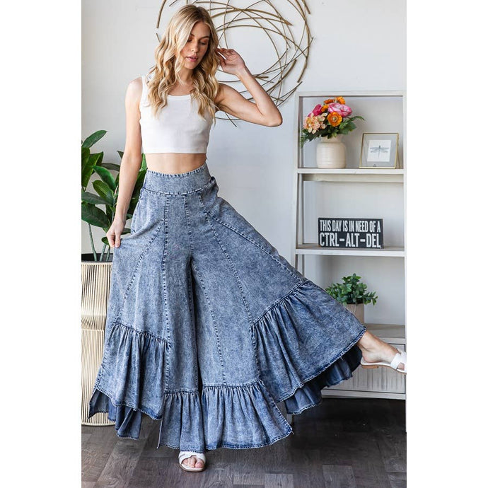 Light Denim Washed Wide Leg Ruffled Hem Tencel Oli+Hali Pants