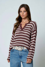 STRIPE RAW EDGE SPLIT NECK SHEER KNIT SWEATER : LIGHT BLUE