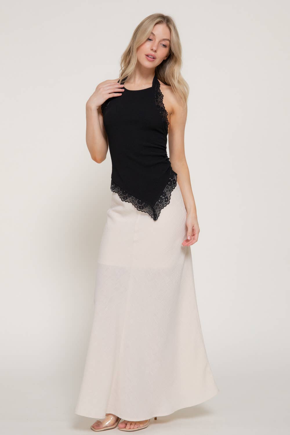 Black Lace Trim Texture Knit Halter Top