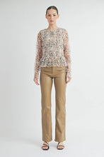 Cream Sheer Smocked Embroidered Mesh Peplum Top