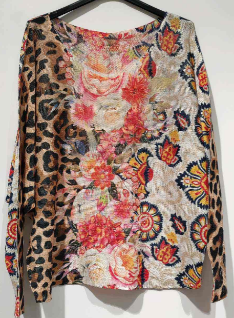 Leopard Floral Round Neck Knit Printed Sweater