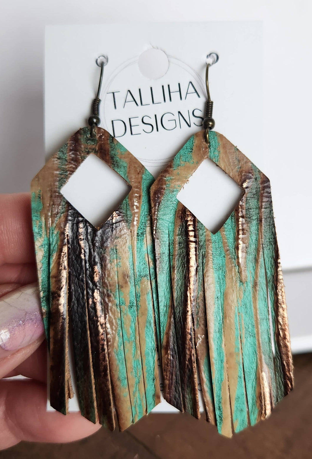 Turquoise Beechwood Leather Boho Western Fringe Earrings