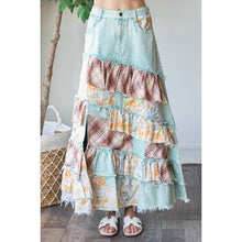 Blue Washed Plaid Flower Patchwork Slit Oli+Hali Maxi Skirt