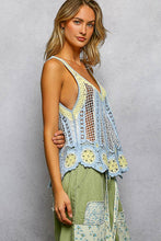 Blue Multi V-Neck Sleeveless Scalloped Edge Stripe Border Crochet POL Top