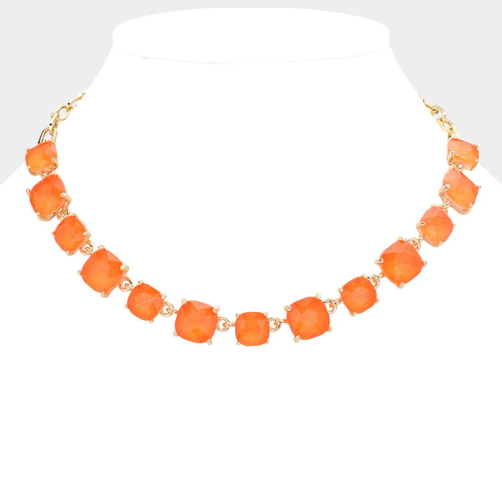 Coral Neon Cushion Square Stone Link Evening Necklace