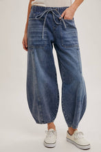 Med Wash Denim Mid Waist Drawstring Barrel Jeans