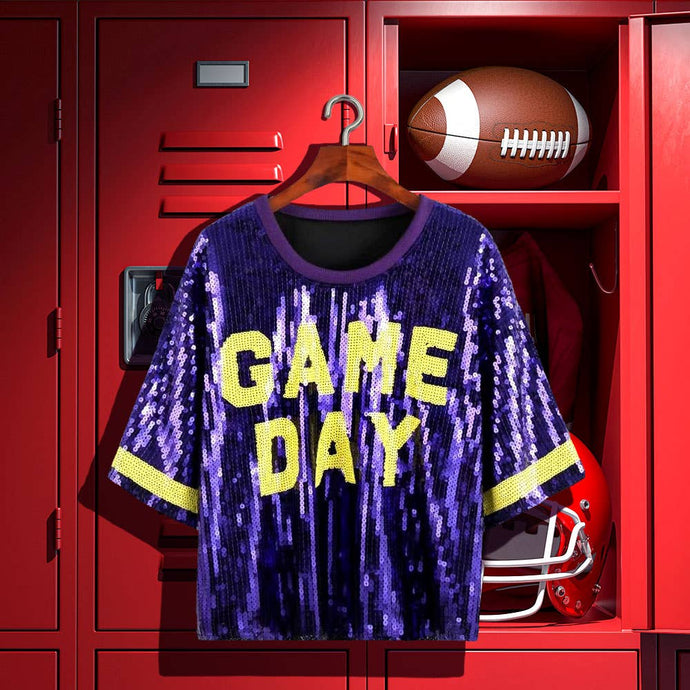 Purple Yellow GAME DAY Sequin Crop Top