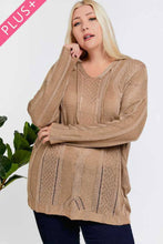 Brown Plus Solid V Neck Long Sleeve Hoodie