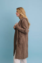 Mocha Cable Knit Hooded Cardigan with Large Buttons