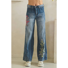 Denim Washed Floral Embroidered Darted Oli+Hali Pants