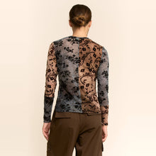 Mocha Blue Floral Flocked Patchwork Mesh DD Top