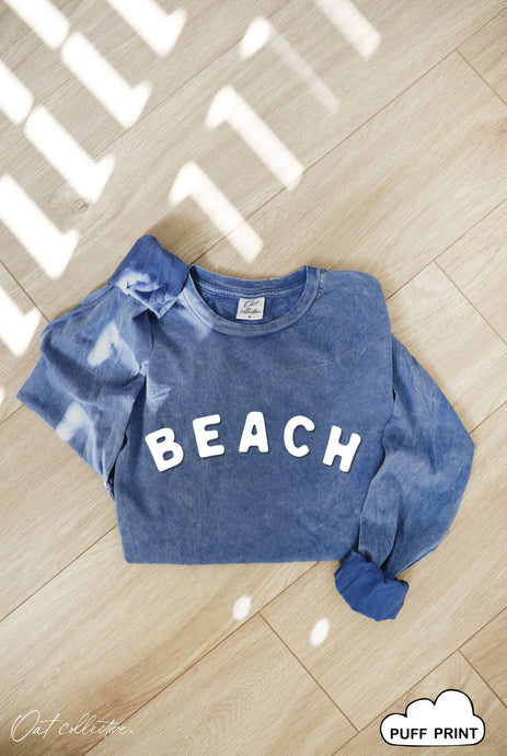 Denim Blue Beach Mineral Washed Long Sleeve Graphic Tee