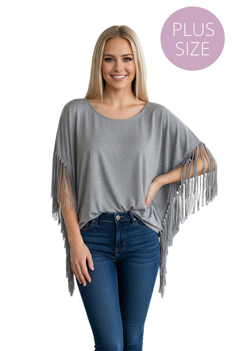 Grey Plus Kimono Sleeves Western Fringe Top
