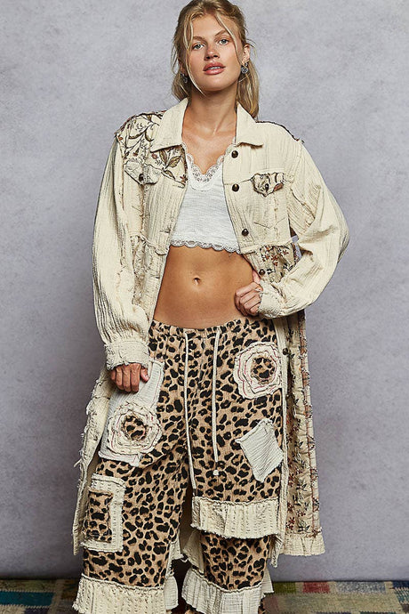 Natural Collar neck double gauze contrast maxi length POL jacket