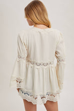 Ecru Lace Trimmed Bell Sleeve V Neck Blouse