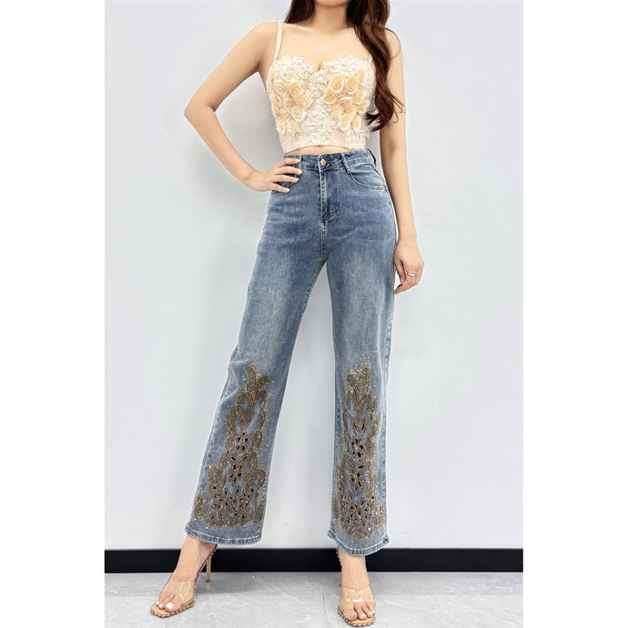 Blue Embroidered Rhinestone Detail Denim Pants