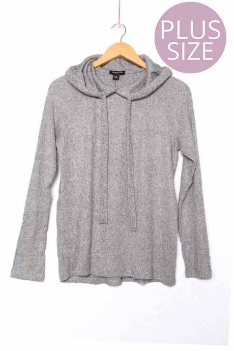 Heather Grey Plus Long Sleeve Ribbed Hoodie Pullover Sweater 