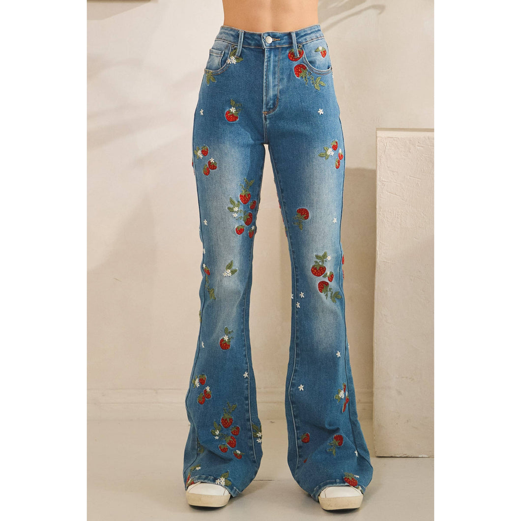 Denim Washed Strawberry Embroidered Oli+Hali Pants