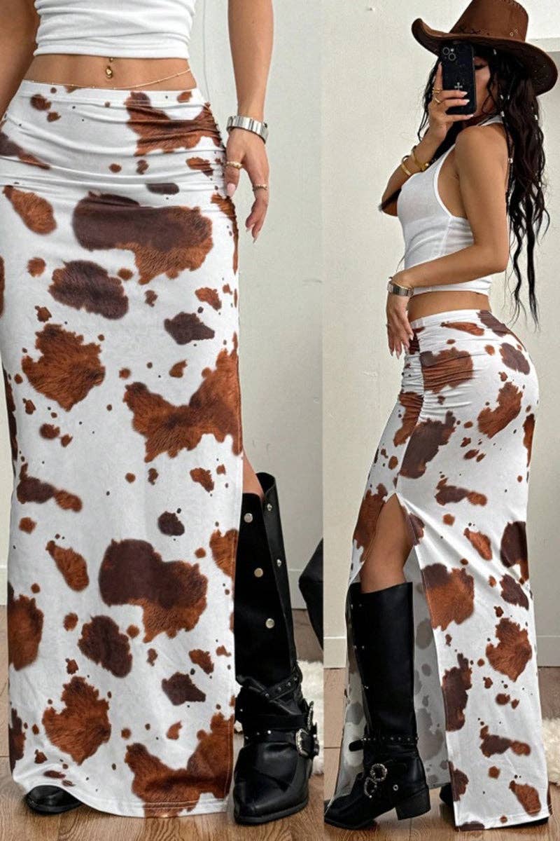 Cow Print High-Slit Midi Skirt