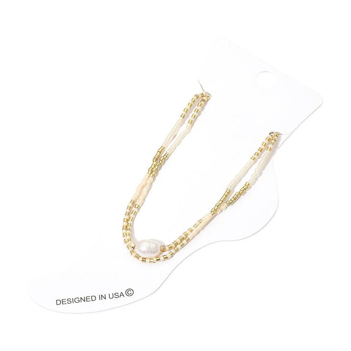 Gold White Pearl Accent Beaded Layered Chain Anklet
