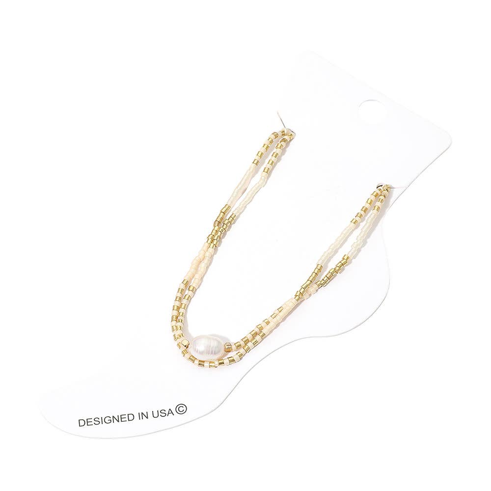 Gold White Pearl Accent Beaded Layered Chain Anklet