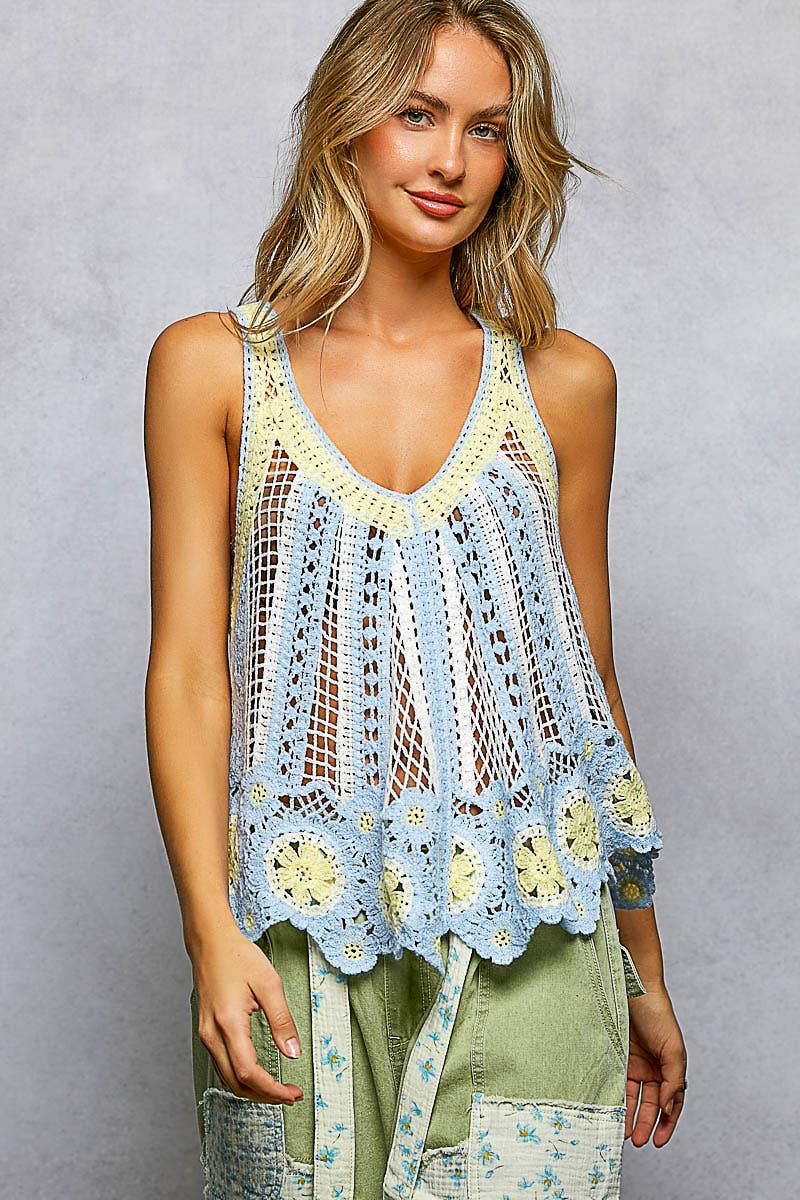 Blue Multi V-Neck Sleeveless Scalloped Edge Stripe Border Crochet POL Top