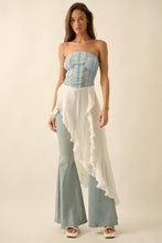 Light Chambray Tencel Denim and Gauze Strapless Ruffled Maxi Top