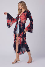 Black Coral Floral Ruffle Kimono