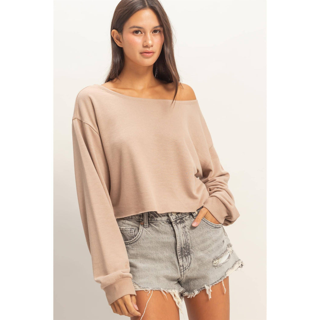 Dark Taupe Casually Cute Boat Neck Long Sleeve Top