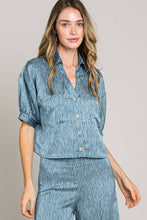 Blue Short sleeve button down crop satin shirt