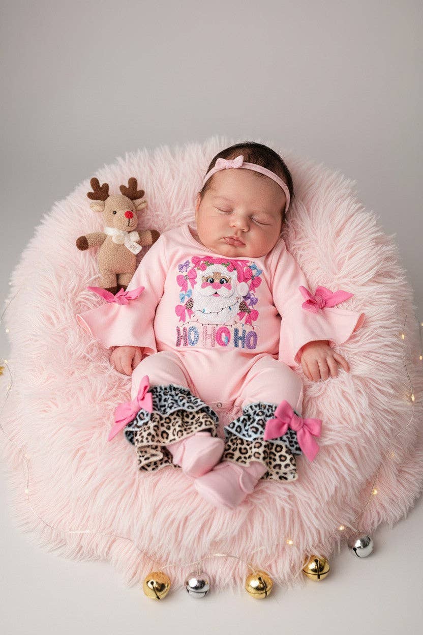 Pink santa printed baby romper with bell sleeves and snaps. RPG65054 SOL: 12-18M