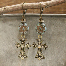 Vintage Bronze Cross & Denim Czech Dangle Earrings
