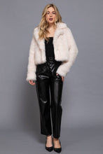 Cream Long Sleeve Notched Collar Faux Fur Cropped Jacket