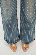 Med Denim Rhinestone High Waisted Stretch Wide Leg Denim Pants