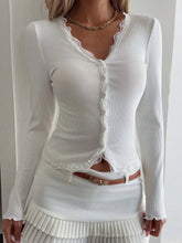 White V-neck lace patchwork single-breasted top