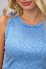 Blue Ribbed Rhinestone Embellished Tank Top