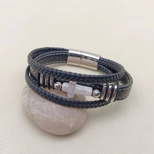 Stone Cross Charm 3 Layer Leather Men's Bracelet