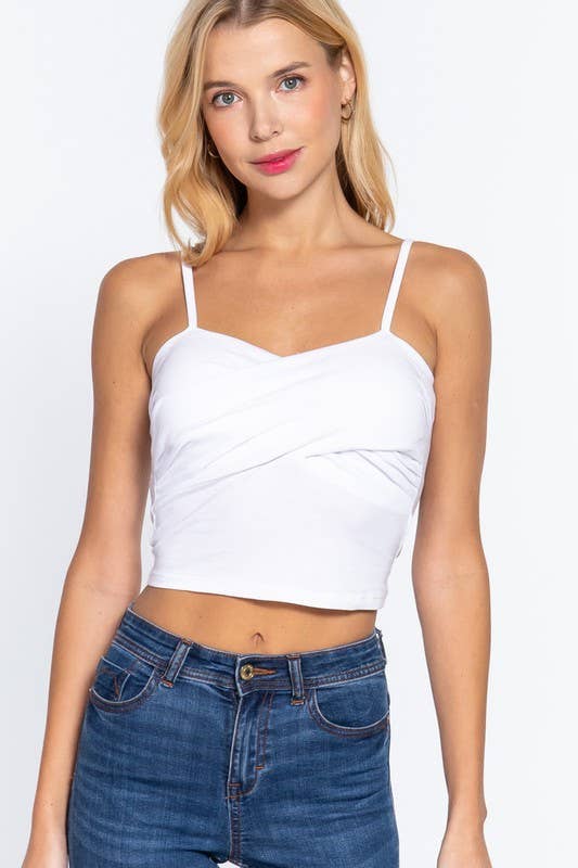 White Removable Bra Cup Front Twisted Detail Cotton Spandex Cami