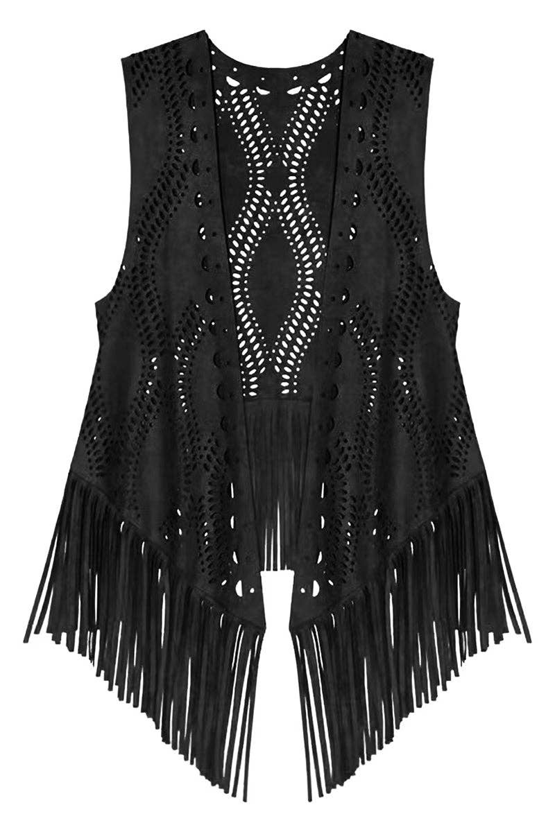 Black Fringe Detail Sleeveless Vest