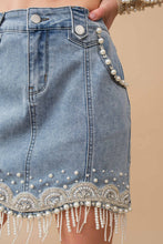 Medium Wash Stretch Denim Embellished Pearl Fringe Mini Skirt