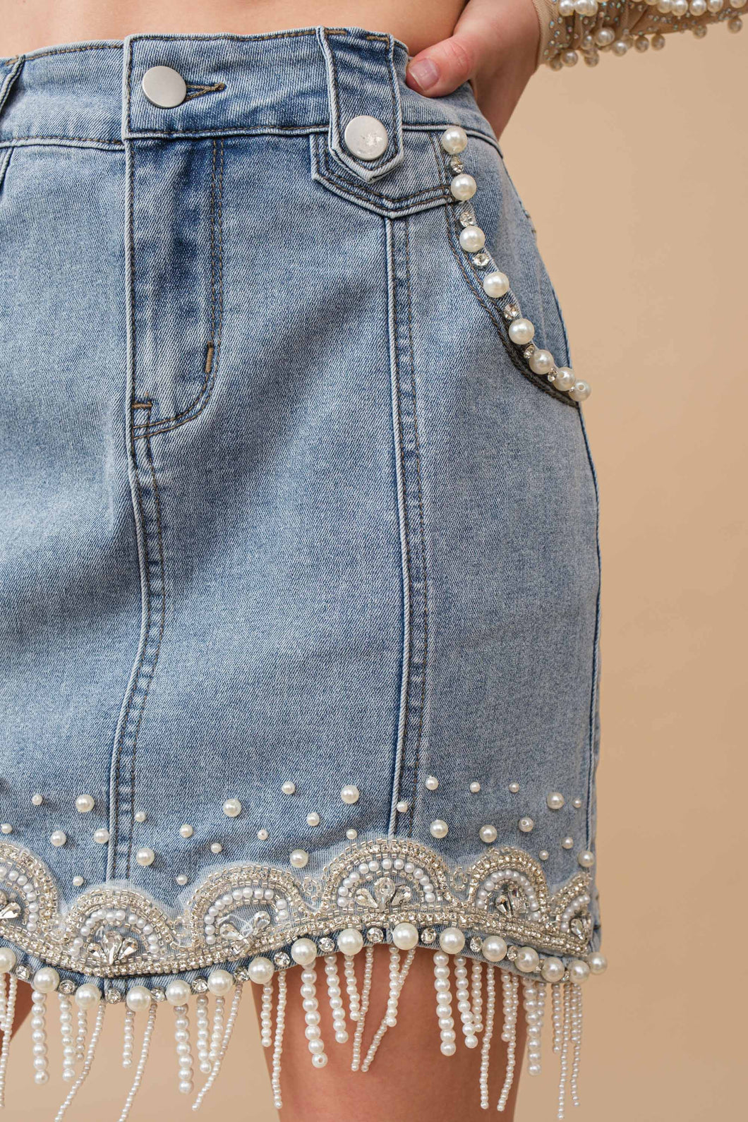 Medium Wash Stretch Denim Embellished Pearl Fringe Mini Skirt