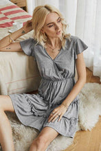 Grey V Neck Ruffle Waist Tie Short Dress