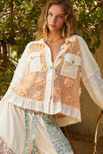 POL Taupe Long balloon sleeve flower detail button down shirt
